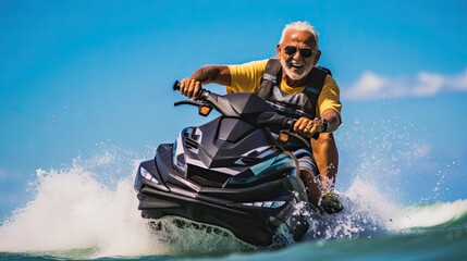 Fototapeta na wymiar an older man riding a jet ski