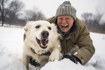 A senior caucasian male is playing happily with the dog in the snow with in a winter coat with a winter hat in a in snow covered country landscape during day in winter while snowing