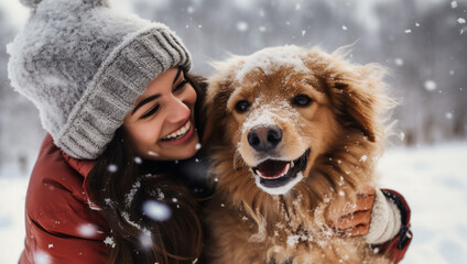 A young latin woman is playing happily with the dog in the snow with a winter coat and winter hat in a in snow covered country landscape during day in winter while snowing