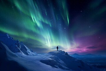 A distant photo of a female mountaineer is standing on the top of a mountain with a thick coat on a in snow covered mountain hill with northern lights with a trail of footsteps