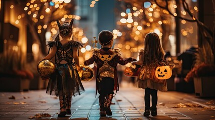Fototapeta na wymiar Halloween night, children holding pumpkins in an autumn themed alleyway.