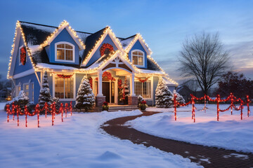 A beautiful modern farmhouse is covered in Christmas lights with red blue white and orange coloration with santa claus and reindeer decorations in a country street ; a beautiful Christmas atmosphere