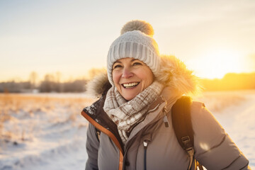 Fototapeta na wymiar A senior caucasian woman is walking happily with a winter coat and a winter hat in a in snow covered country landscape during sunset in winter while snowing