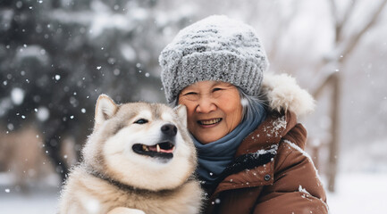 A senior asian woman is playing happily with the dog in the snow with a winter coat and winter hat in a in snow covered country landscape during day in winter while snowing