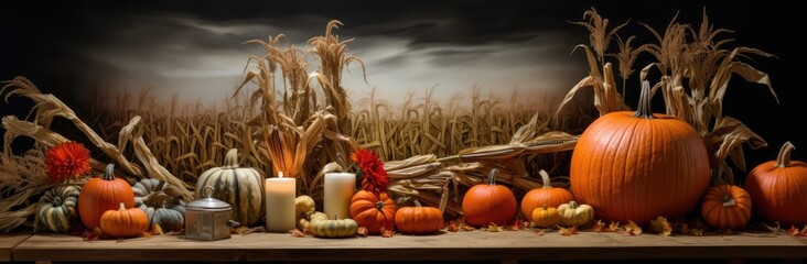 a large field full of pumpkins and corn.