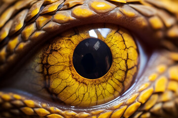 Fototapeta premium A close up of a snake eye: is a stunning photo macro with of an eyeball with a yellow iris and round shaped pupil and light colored scaly skin : a detailed eyeball close up