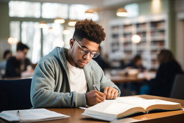 A young male african american student is studying while wearing glasses with computer or laptop in...