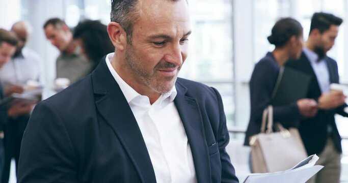 Smile, documents and business with a mature manager in an office for a workshop, seminar or convention. Portrait, paper or upskill development with a corporate man in a workplace for training