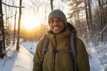 Fototapeta na wymiar A young african american male is walking happily with in a winter coat with a winter hat in a in snow covered forest during sunset in winter on a bright and sunny day