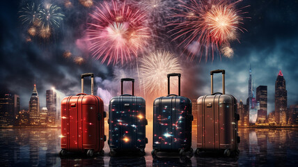 Luggage with fireworks and New York City in the background. 3D rendering generativa IA