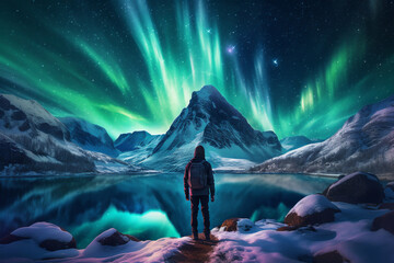 A close up of a female mountaineer is standing on a rock in front of a mountain lake with walking poles on a in snow covered mountain hill with northern lights with a trail of footsteps