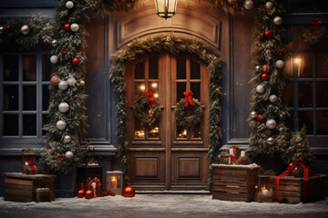 An old wooden pivot door is decorated brightly with christmas and new years decoration the place seen from the exterior typical christmas wreath and ornamental decoration