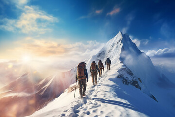 A close up of a group of tourist mountaineers and their guide are hiking to the top of a mountain with thick coats on a in snow covered mountain hill with trails of footsteps on a bright sunny day
