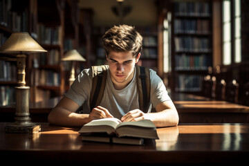 A young male caucasian student is studying concentrated with an tablet in a quiet and empty school library on a table with a bookcase in the background