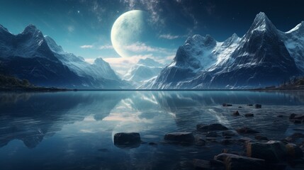 A crystal-clear lake on an alien moon, reflecting the surrounding jagged crystal mountains in...