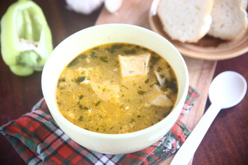 Close up vegetable soup with bread