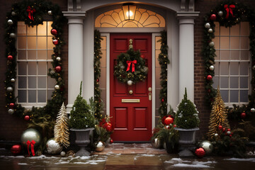 An old glass front door is decorated brightly with christmas and new years decoration the place seen from the exterior typical christmas wreath and ornamental decoration