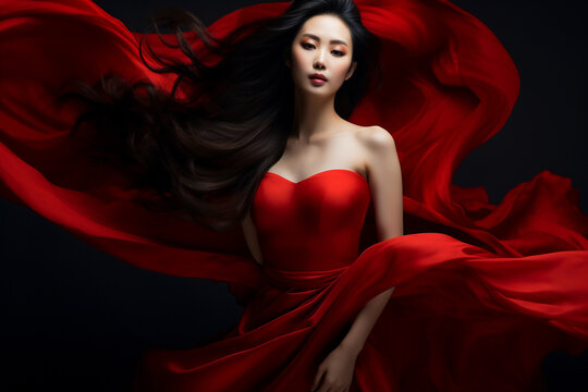 A beautiful stunning asian woman is wearing a dress with eyes closed with flying waving red fabric with a black background ; a full waving red dress