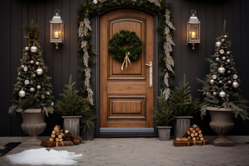 Fototapeta na wymiar A modern wooden front door is decorated brightly with christmas and new years decoration the place seen from the exterior typical christmas wreath and ornamental decoration