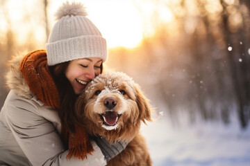 A young asian woman is playing happily with the dog in the snow with a winter coat and winter hat in a in snow covered forest during sunset in winter while snowing