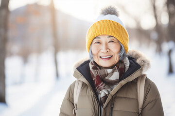 A senior asian woman is posing in front of the camera happily with a winter coat and a winter hat in a in snow covered forest during sunset in winter on a bright day