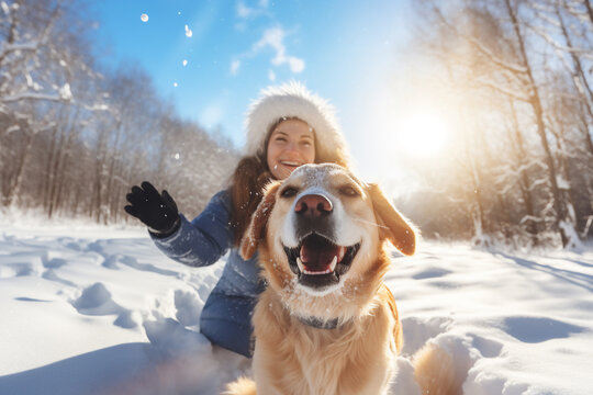 A young caucasian woman is playing happily with the dog in the snow with a winter coat and winter hat in a in snow covered country landscape during day in winter on a bright sunny day