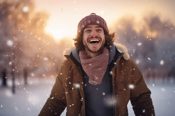 A young caucasian male is playing happily with the snow with in a winter coat with a winter hat in a in snow covered country landscape during sunset in winter while snowing