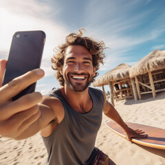 An adult latin man is is making a selfie while smiling with with a telephone on a beach with a surfboard a high tech social media man - obrazy, fototapety, plakaty