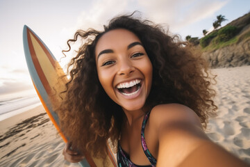 A young latin woman is is making a selfie while smiling with a telephone on a beach while holding a surfboard a high tech social media woman - obrazy, fototapety, plakaty
