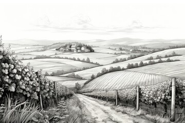 A Serene Country Scene with Vineyards, Rolling Hills, and Majestic Trees