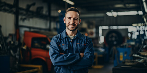 Fototapeta na wymiar Panoramic Portrait of Happy Automotive Technician in Car Repair Workshop