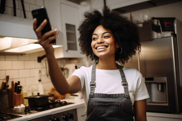 A young african american woman is is making a selfie while smiling with a telephone in a kitchen while cooking a high tech social media woman