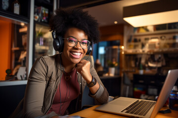 An adult african american woman is is making a selfie while smiling with a telephone behind a computer while gaming a high tech social media woman - obrazy, fototapety, plakaty