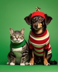 Christmas-themed portrait of a dog in a Santa hat and a cat in a scarf. - 670292654