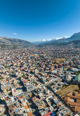 Beautiful aerial view of Andes mountain peaks covered with snow at sunset.
City of Huaraz, Peru.