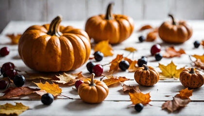 Festive autumn decor from pumpkins, berries and leaves on a white wooden background. Concept of Thanksgiving day or Halloween. Flat lay autumn composition with copy space