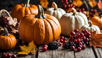 Festive autumn decor from pumpkins, berries and leaves on a white wooden background. Concept of Thanksgiving day or Halloween. Flat lay autumn composition with copy space