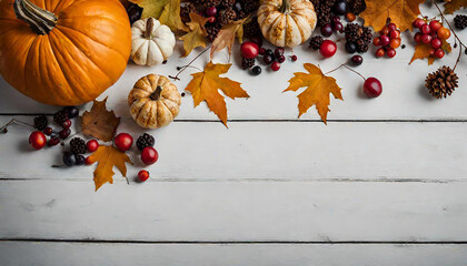 Festive autumn decor from pumpkins, berries and leaves on a white wooden background. Concept of Thanksgiving day or Halloween. Flat lay autumn composition with copy space