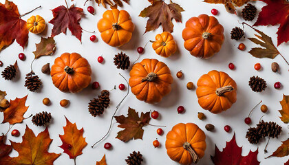Festive autumn decor from pumpkins, berries and leaves on a white wooden background. Concept of Thanksgiving day or Halloween. Flat lay autumn composition with copy space