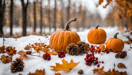 Festive autumn decor from pumpkins, berries and leaves on a white wooden background. Concept of Thanksgiving day or Halloween. Flat lay autumn composition with copy space