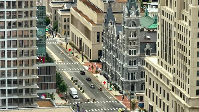 Broad street in historical downtown district in Richmond Virginia. Historical old City Hall building. Architecture in USA.