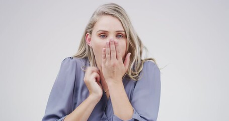 Shocked, face and woman with surprise for news, announcement or promotion mockup. Wow, emoji and person hearing crazy secret, drama or deal information on white background in studio with gossip - Powered by Adobe