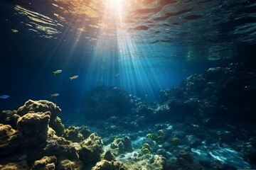 Fototapeta na wymiar Beautiful underwater ocean illuminated by blue sunlight. Captivating natural scenery. Generative AI