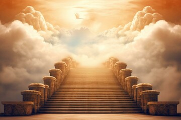 Stairs to heavenly gate, success, happiness. Democrat elevates goals and achievements. Generative AI - obrazy, fototapety, plakaty