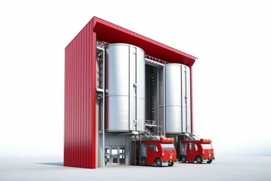 Agricultural elevator storage for food products in a modern building, 3D rendering on white background. Generative AI