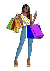 Young woman holding shopping bags vector art
