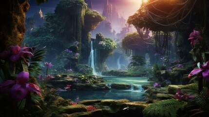 A dense Velvet Violet jungle, with towering trees, exotic creatures, and a hidden waterfall.