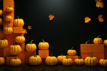 Seasonal background with copy-space. Squashes on black 3D blocks. Fall concept. Generative AI