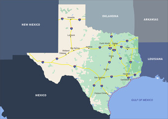 Color map of the state of Texas surrounded by other darker USA states.