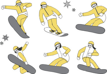 スノーボードで滑る＆ジャンプする男女のイラスト素材セット - obrazy, fototapety, plakaty
